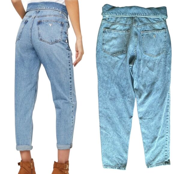 GUESS Reda Size 27 Fold Over High Waist Straight Mom Jeans Belted Medium Wash - Picture 2 of 10